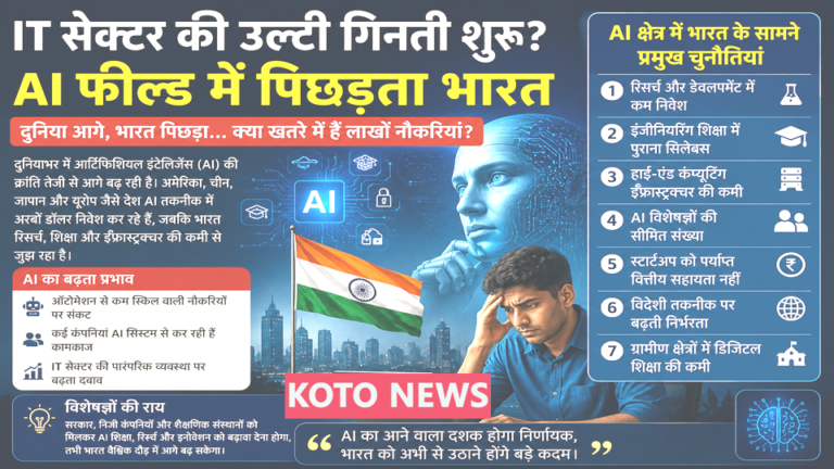 भारत में तेजी से बढ़ती AI तकनीक और IT सेक्टर की चुनौतियों के बीच आधुनिक कंप्यूटर सिस्टम पर काम करते युवा तकनीकी विशेषज्ञ।